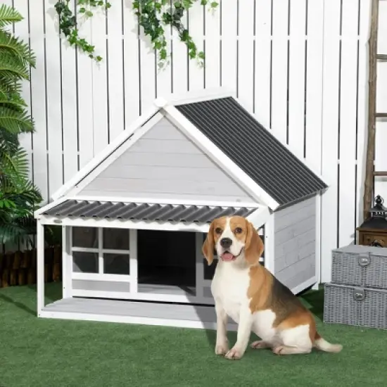 PawHut Outdoor Dog House for Large Dogs Outside Dog Shelter, Beautiful Cabin Design, Shady Front Porch, Two Windows, Wooden Dog House for Medium Dogs image {2}