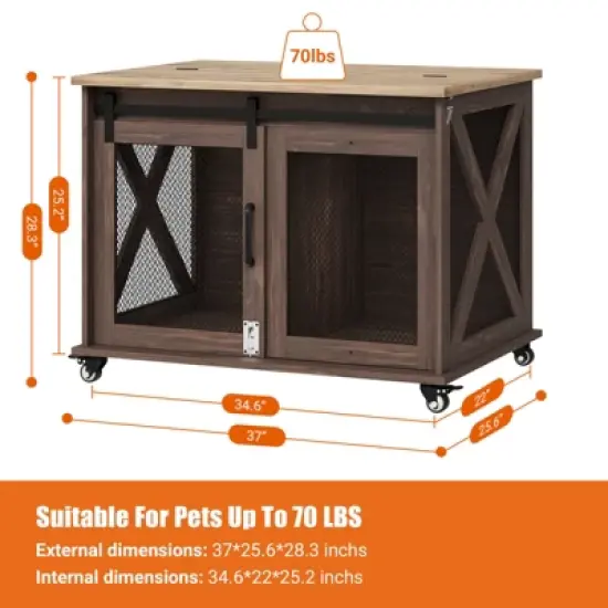 Garvee Indoor Dog Crate Furniture with Sliding Barn Door, Flip Top, Dog Crate End Table with Wheels, Removable Divider, Dog House image {3}