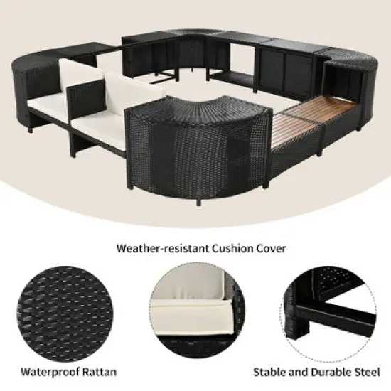 Outdoor Patio Rattan Spa Surround Frame Sofa Set with Storage Spaces and Wooden Bench image {4}