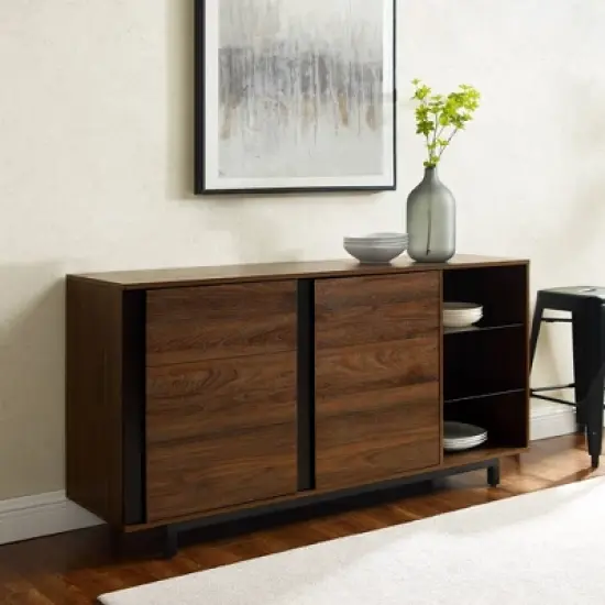 Shing Modern Striped Door 60" Sideboard with Glass Shelves Dark Walnut - Saracina Home image {4}