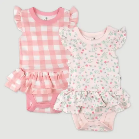 Honest Baby 2pk Ruffle Strawberry Patch Bodysuit Dress - Pink image {2}