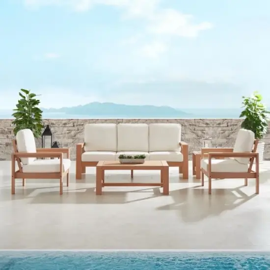 Wood Frame 4Piece Outdoor Sofa Set 3Seater Lounge + Accent Chairs & Ribbed Table image {2}