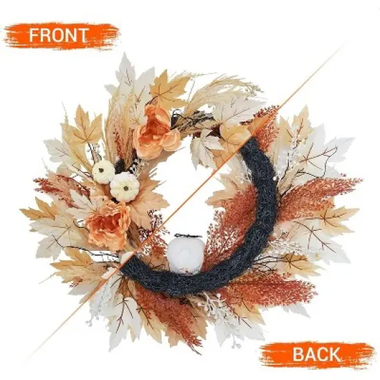 22 Inch Wreath with White Pumpkins Rose Maple Leaves for Indoor Outdoor Wall Window Front Door Porch Mantle Halloween Decoration image {2}