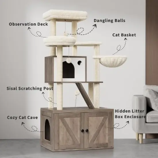 Litter Box Enclosure with Cat Tree Tower and Condo, Hidden Cat Washroom Furniture with Sisal Scratching Post & Soft Plush Perch image {2}