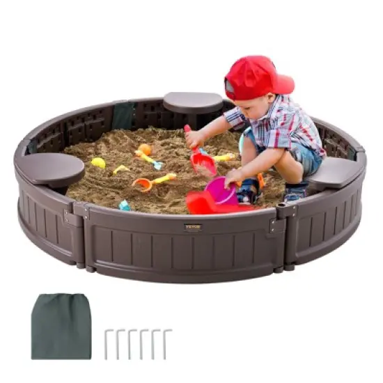 VEVOR Sandbox with Cover, 47.2 x 9.1 in Round Sand Box, HDPE Sand Pit with 3 Corner Seating and Bottom Liner, Gift for Boys Girls Ages 3-12, Brown image {8}