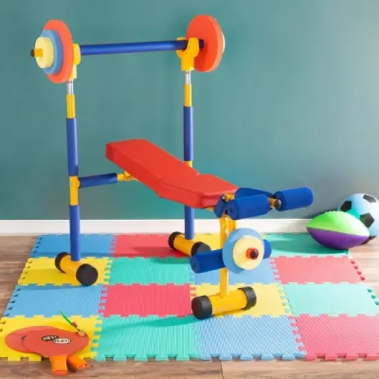 Toy Time Kids' Weight Bench Workout Equipment Set for Beginner Exercise, Weightlifting, and Power lifting with Leg Press and Barbell image {9}