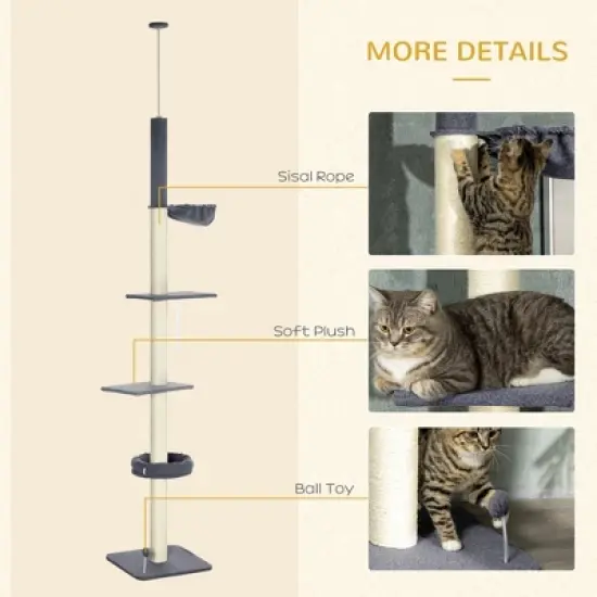 SKYONE 95-106" Adjustable Cat Tree with 5 Tiers, Sisal Scratching Posts, Cozy Bed, Hammock & Toy image {5}