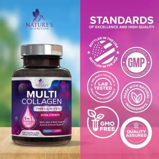 Multi Collagen Supplement, Type I, II, III, V, X Collagen Pills, Collagen Supplements, Hair, Skin, Nail & Joint - 240 Capsules By Nature's Nutrition image {3}
