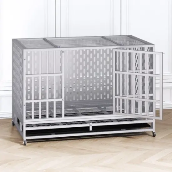 XBRIGH 48-Inch Heavy Duty Tin Dog Crate with Wheels, Sturdy Door Lock, Double Doors and Removable Tray Design image {10}