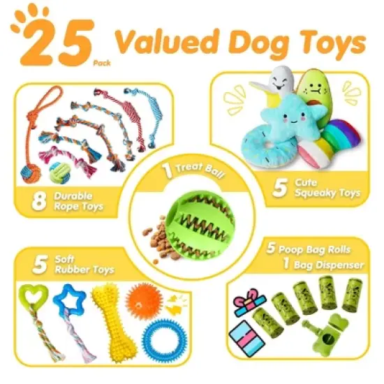 Itopfox 25 Pack Luxury Dog Chew Toys for Puppy, Rope Toys, Treat Ball and Squeaky Toys for Teething Small Dogs image {1}