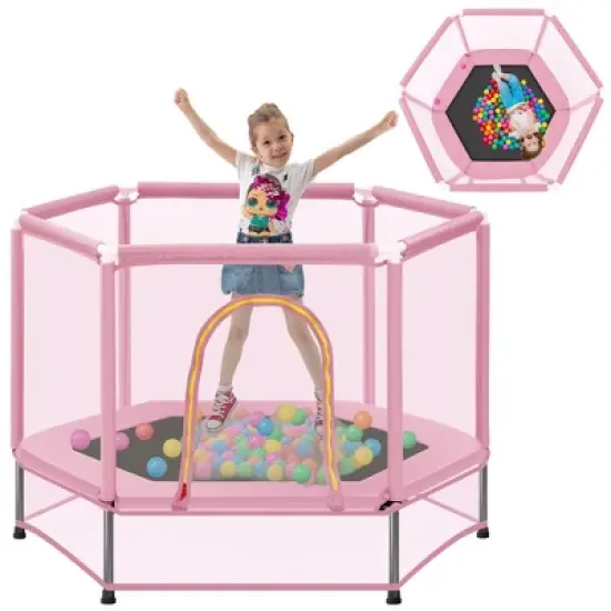55'' Toddlers Trampoline with Safety Enclosure Net and Balls, Indoor Outdoor Mini Trampoline for Kids image {3}