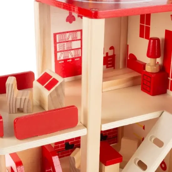 Toy Time Kids' Wooden Fire Station Playset With 3-Tier Firehouse, Fire Truck, Helicopter, and 16 Accessories - 10.75" x 13" image {5}