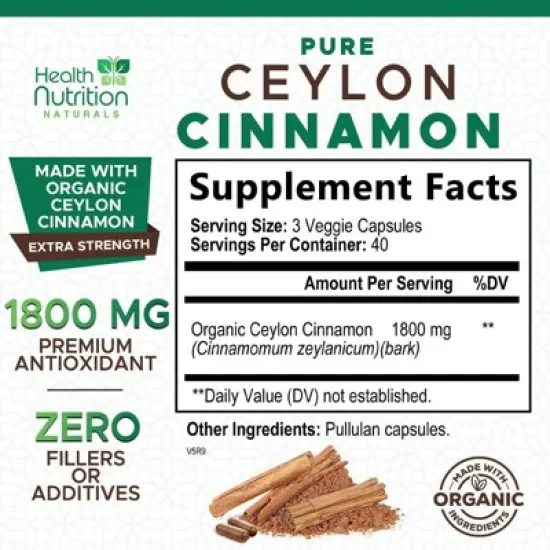 Pure Cinnamon Capsules, True Sri Lanka Certified Organic Ceylon Cinnamon Pills - 120 Capsules;180 capsules image {1}