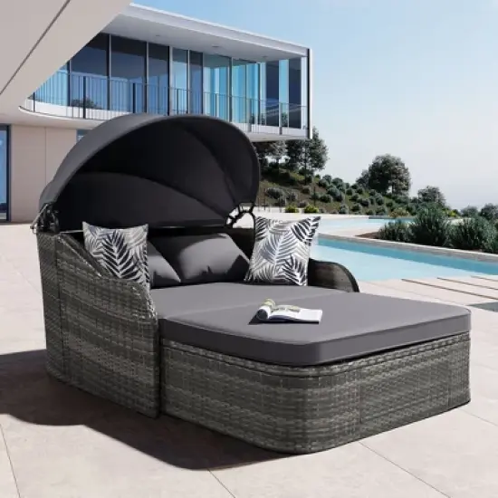 Whisen Outdoor Sunbed with Adjustable Canopy, Double lounge, PE Rattan Daybed image {13}