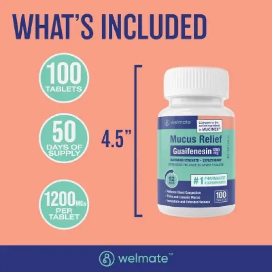 WELMATE 12 Hour Max Strength Mucus Relief   - Guaifenesin 1200mg  100ct image {5}