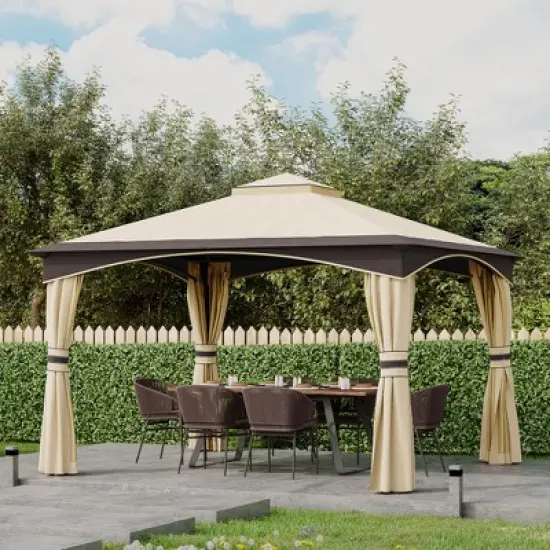 Outsunny 10.5' x 12' Outdoor Gazebo with Mesh Netting Sidewalls for Shade and Rain, Patio Gazebo Canopy with 2-Tier Soft Top Roof and Steel Frame image {1}