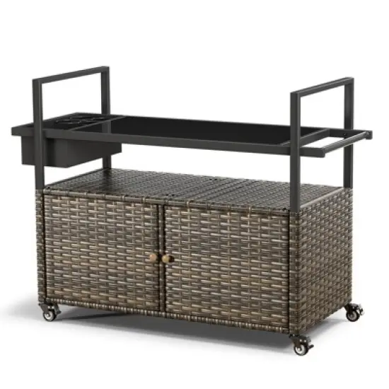 Buenhomino Patio Bar Table,Outdoor Kitchen Island with Glass Top,Rattan Patio Storage Cabinet with Wheels,Bar Cart for Poolside and Backyard image {10}
