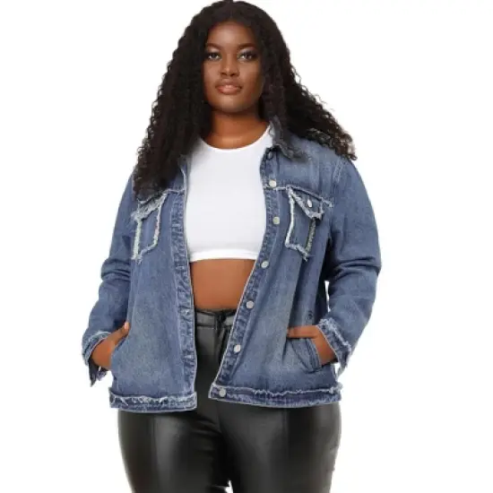 Agnes Orinda Women's Plus Size Button Down Frayed Chest Pockets Short Denim Jacket image {2}