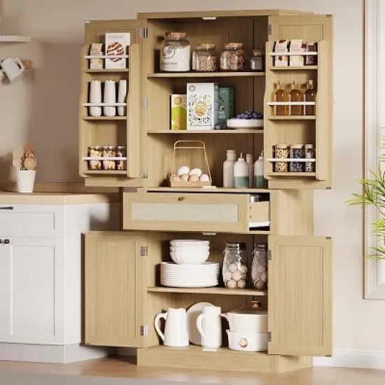 70" Tall Kitchen Pantry Cabinet, Handwoven Rattan Doors, Adjustable Shelves, 1 Drawer, Storage Cupboard, Oak Finish image {6}