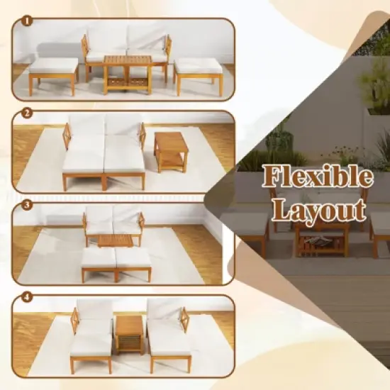 Costway 5 PCS Acacia Wood Patio Chaise Lounge Chair Set with 2-Tier Coffee Table Cushions image {6}