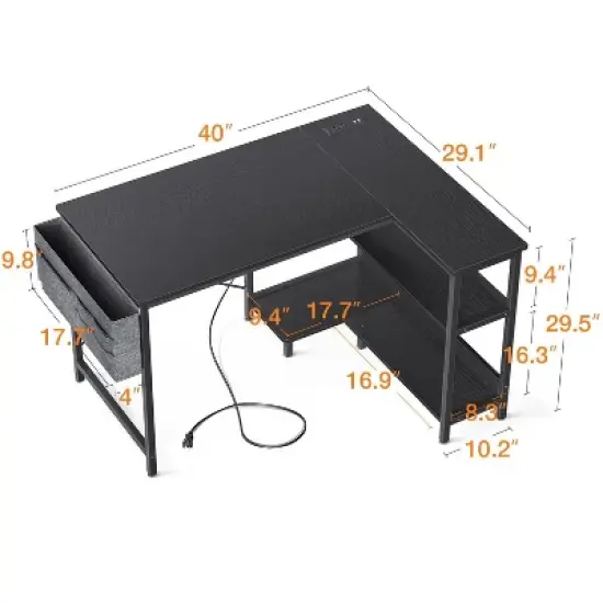 Itopfox L-Shaped Gaming Desk with Power Outlets, Reversible Shelves & PC Stand, Storage Bag for Home Office, Study Table for Small Spaces, Black image {2}