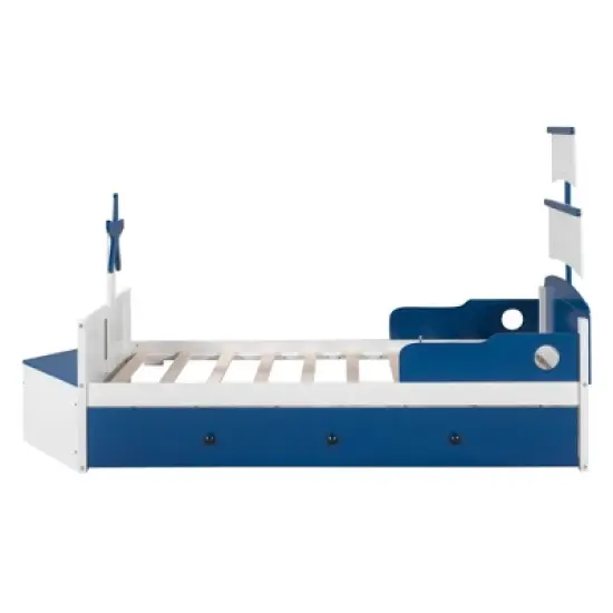 Twin Size Boat-Shaped Platform Bed with Trundle Bed and Storage Footboard-ModernLuxe image {5}
