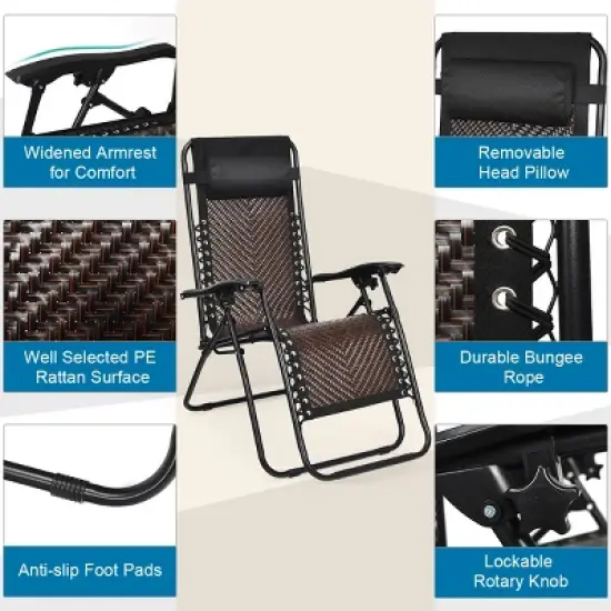 Tangkula Brown Folding Recliner Patio Rattan Zero Gravity Lounge Chair With Headrest image {5}