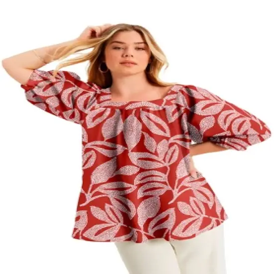 June + Vie by Roaman's Women&rsquo;s Plus Size Puff Sleeve Lino Soleil Top image {2}