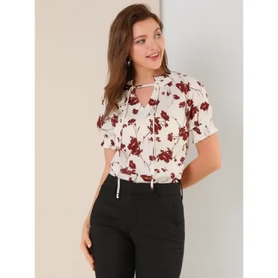 Allegra K Women's Ruffle Tie V Neck Casual Smocked Short Sleeve Floral Top Blouse image {1}