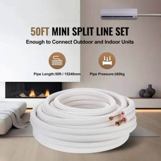 VEVOR 50FT Mini Split Line Set, 1/4" & 1/2" O.D Copper Pipes Tubing and Triple-Layer Insulation, for Mini Split Air Conditioning Refrigerant, White image {2}