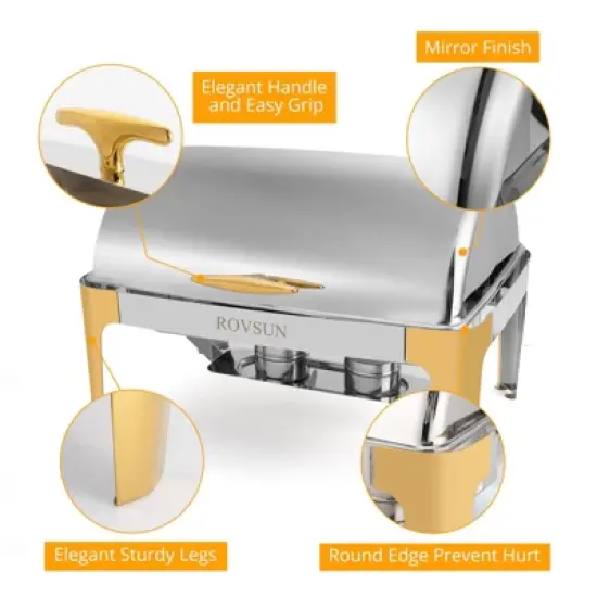 ROVSUN Roll Top Gold Chafing Dish Buffet Set, 9 Quart Rectangular Stainless Steel Chafer for Party Wedding image {4}