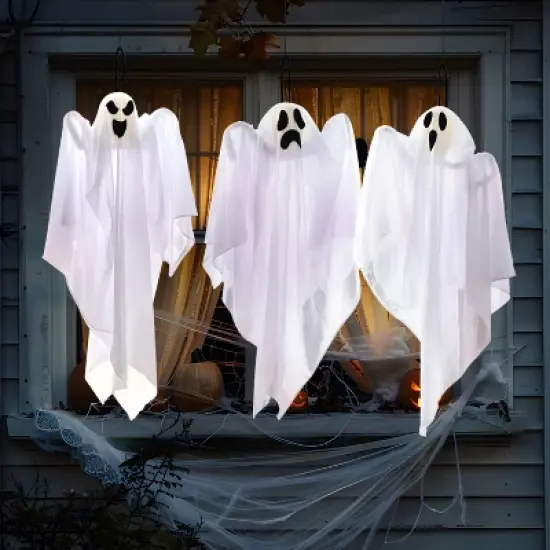Joyfy 3Pcs Halloween Hanging Ghosts Outdoor Decorations, 27.5in White Flying Ghost Halloween Party Decor for Front Yard Patio Lawn Garden Trees image {1}