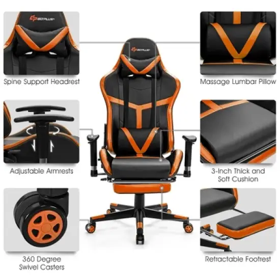 Costway  Gaming Chair Reclining Racing Chair with Massage Lumbar Support &Footrest Orange image {8}