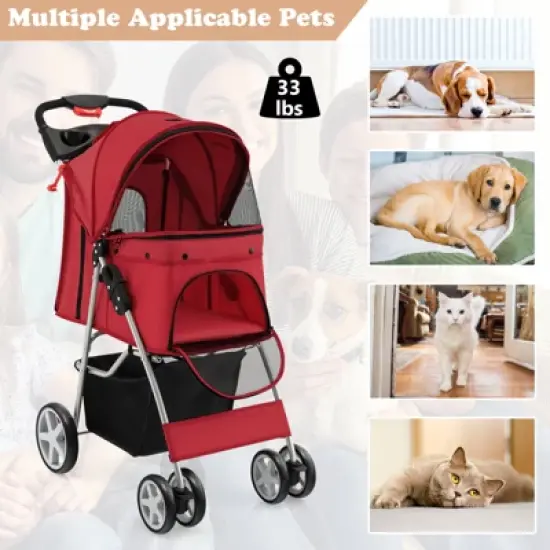 Costway 4 Wheel Pet Stroller w/ Storage Basket & Tray Adjustable Canopy Pets Burgundy image {7}