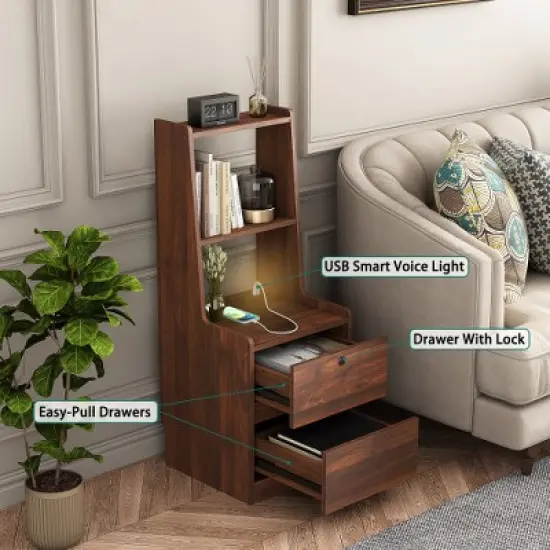 Tall Nightstand With Charging Station & Night Light, Voice Control, Wooden Large Bedside Tables With Storage Cabinet And Bookshelf For Bedroom image {4}