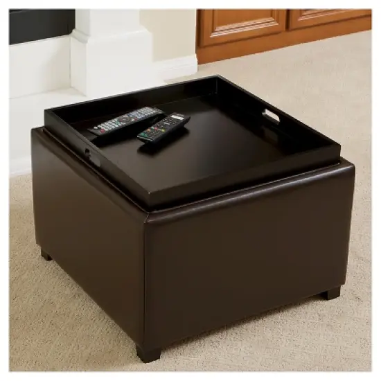 Wellington Leather Tray Top Storage Ottoman Brown - Christopher Knight Home: Footstool, Hardwood Frame image {3}