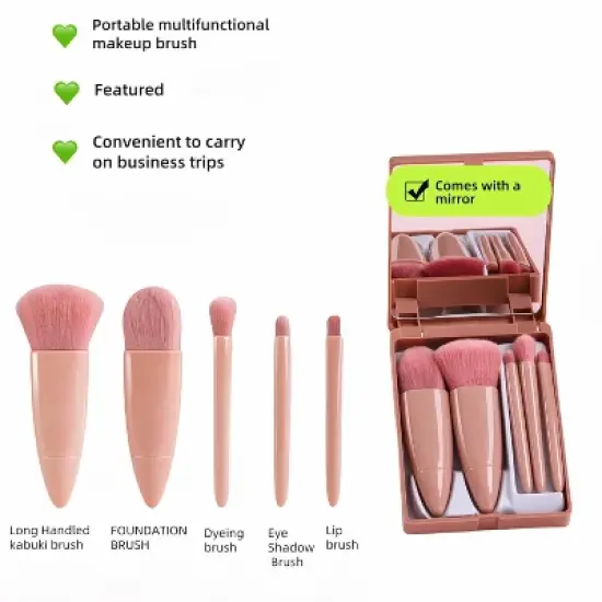 BABYYER 5-Piece Makeup Brush Set with Mirror & Travel Case Hypoallergenic Vegan Bristles for Sensitive Skin,for On-the-Go Touchups (Pink) image {1}
