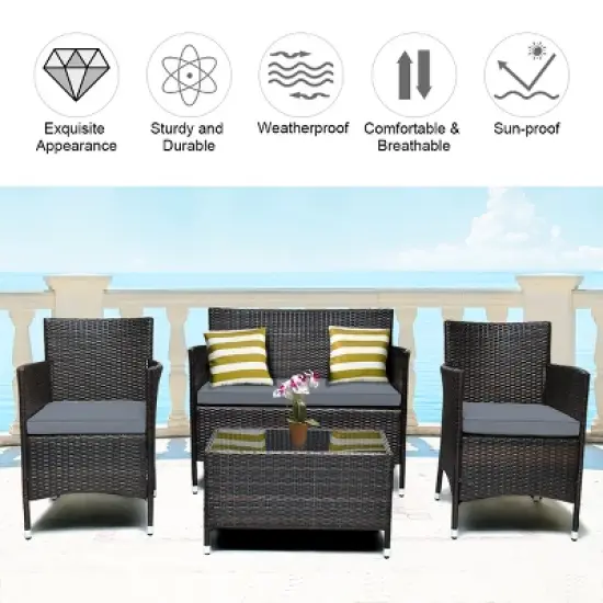 Costway 4PCS Outdoor Patio Rattan Furniture Set Table Shelf Sofa W/ Turquoise/Red/Gray Cushion image {5}