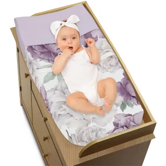 Sweet Jojo Designs Girl Changing Pad Cover Peony Floral Garden Purple and Ivory image {1}