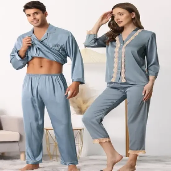 cheibear Men's Sleepwear Long Sleeve Button Down Shirt Pants Matching Couple Pajama Sets image {2}