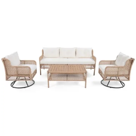 4-Piece Outdoor Wicker Patio Furniture Set with Swivel Chairs and Cushions, 5-Person Conversation Sofa Set with Coffee Table - ModernLuxe image {6}