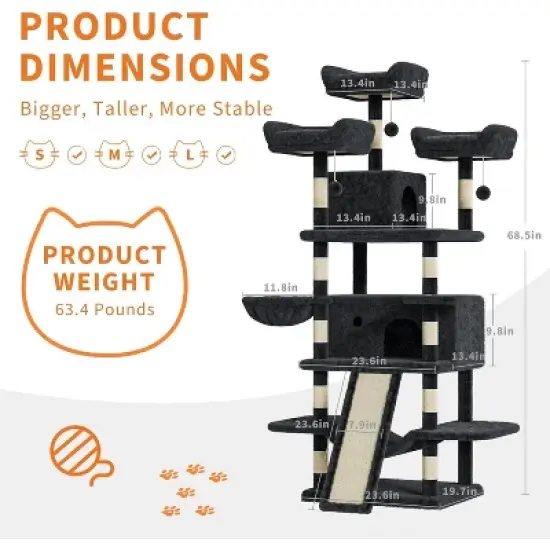68.5" Heavy Duty Cat Tree for Large Cats, Multi-Level Tower with Plush Perches image {2}