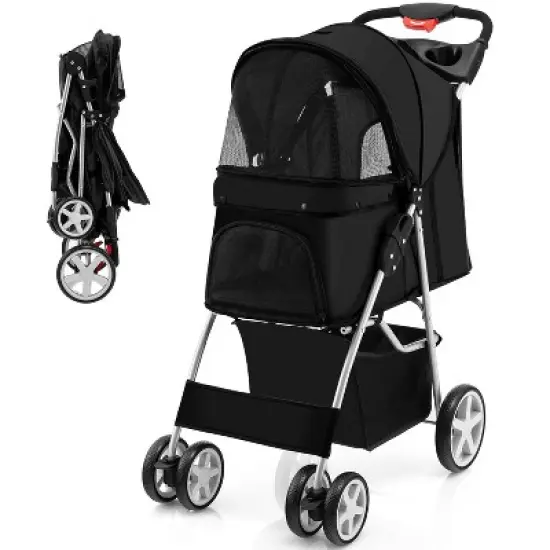 Tangkula 4 Wheels Pet Stroller Folding Cat Dog Stroller W/Storage Basket & Tray Adjustable Canopy All-Terrain EVA Wheels Foldable Cart image {9}