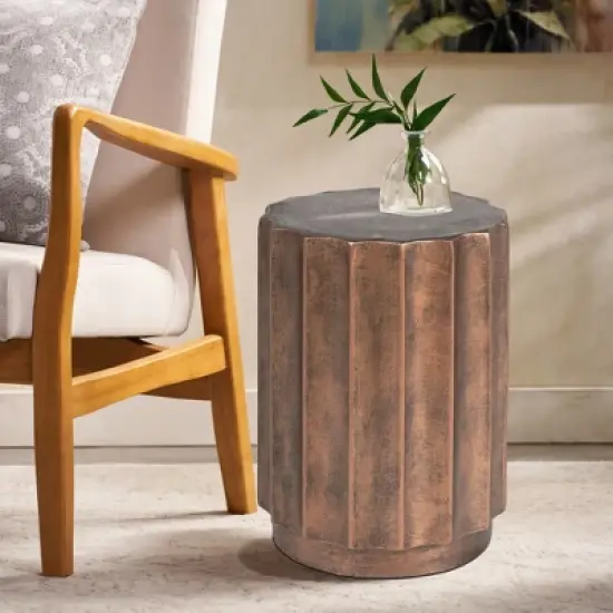 LuxenHome Outdoor Side Table,18" Weathered Copper Brown Cement Round Patio End Table,Accent Table for Outdoor and Indoor image {6}