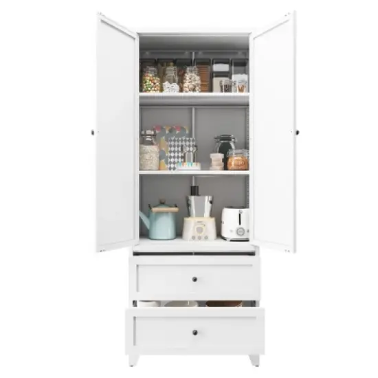 Gulches 72 Inch White Freestanding Pantry Cabinet - 2 Drawers, Adjustable Shelves, Heavy-Duty Steel Kitchen Storage Organizer image {2}