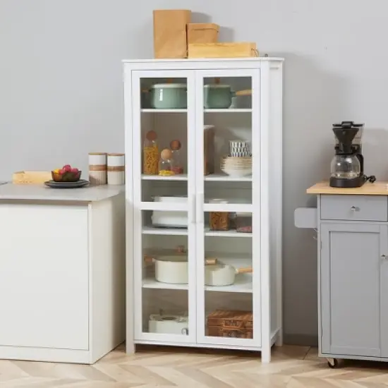 HOMCOM Freestanding Kitchen Pantry, 5-tier Storage Cabinet with Adjustable Shelves and 2 Glass Doors, White image {1}