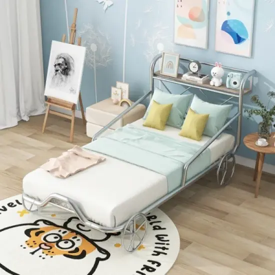 Twin Size Metal Car Bed with Four Wheels, Guardrails and X-Shaped Frame Shelf - ModernLuxe image {2}