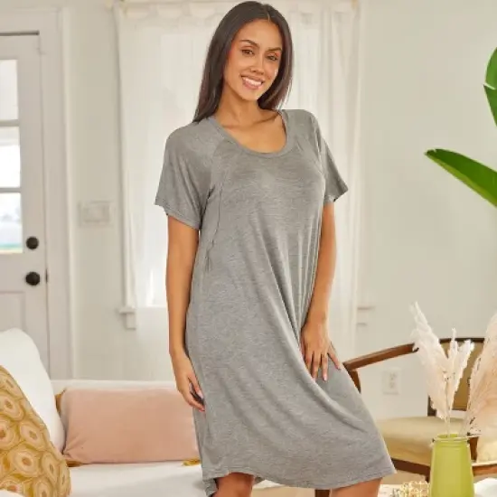 Maternity Nursing Top T-shirt Dress Soft Knit Sleep Shirt w/ Zipper Breastfeeding Sleepwear image {1}