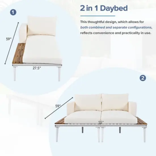 Gulches Modern Outdoor Daybed Patio Metal Daybed with Wood Topped Side Spaces for Drinks, 2 in 1 Padded Chaise Lounges for Poolside, Balcony, White image {5}