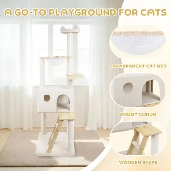 YOOCOZZ Cat Tree with Wood Ladder and Transparent Spacecraft image {3}